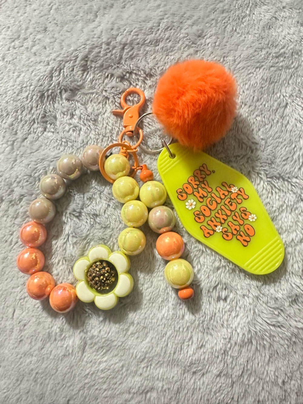 Playful Orange & Yellow Beaded Wristlet and Keychain with Pom Pom and Flower
